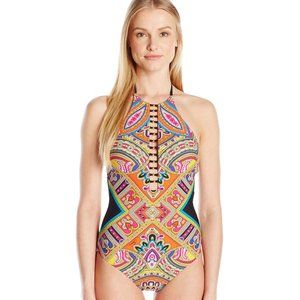 Trina Turk Nepal High-Neck Paisley Beaded One-Piece Swimsuit